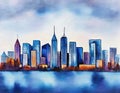 Watercolor of City skyline view landscape with twilight blue light flat