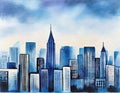 Watercolor of City skyline view landscape with twilight blue light flat