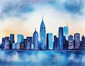 Watercolor of City skyline view landscape with twilight blue light flat