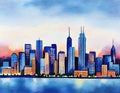 Watercolor of City skyline view landscape with twilight blue light flat