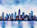 Watercolor of City skyline view landscape with twilight blue light flat