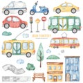 Watercolor city transport with bus, trolleybus, taxi, car, tram, mail car, houses, road, houses, trees, road signs, traffic lights Royalty Free Stock Photo