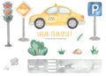 Watercolor city transport with taxi, road signs, traffic light, bush, grass