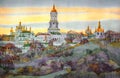 Watercolor cityscape. Ancient monastery on hill in evening haze