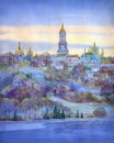 Watercolor cityscape. Monastery on steep bank of the river