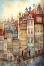 Watercolor cityscape sketch. Old town of European. Cute cartoon illustration. Generative AI Royalty Free Stock Photo