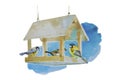 Watercolor classic birds feeder from wood with sparrow and two titmouse birds, original hand painted illustration Royalty Free Stock Photo