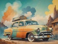 Watercolor of a classic 1950s American car used by a traveling salesman, within a rural village landscape. Perfect for vintage- Royalty Free Stock Photo