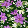 Watercolor Clematis Flowers. Floral Tropical Seamless Pattern for Wallpaper, Print, Fabric, Textile. Summer Background