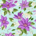 Watercolor Clematis Flowers. Floral Tropical Seamless Pattern for Wallpaper, Print, Fabric, Textile. Summer Background