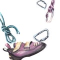 Watercolor climbing bouldering equipment , shoes and metal carabiner with rope and knot. Hand drawn