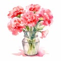 Beautiful Watercolor Carnation Bouquet In Vase - Translucent Pink Illustration Royalty Free Stock Photo