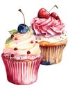 watercolor clip art high detailed cupcakes pink and vanilla, with strawberry and blueberry on white background