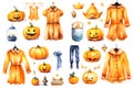 Watercolor clip-art style of elements of halloween festival.,Generative Ai