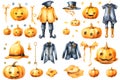 Watercolor clip-art style of elements of halloween festival.,Generative Ai