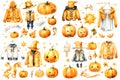 Watercolor clip-art style of elements of halloween festival.,Generative Ai