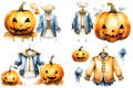 Watercolor clip-art style of elements of halloween festival.,Generative Ai