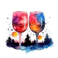 watercolor clip art two glasses with wine against the background of a bright night sky with stars and a forest Royalty Free Stock Photo