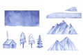 Watercolor clipart blue winter landscape with pine tree hand painted background