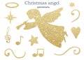 Watercolor clipart Christmas angel shine gold and golden elements Happy holiday symbol, stars, notes, heart, halo Royalty Free Stock Photo