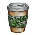 Watercolor clipart. Coffee in a disposable glass. Tropical print. Latte