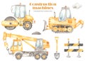 Watercolor clipart with construction machinery. Bulldozer, truck crane, road roller, protective tape, shovel, cloud