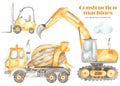 Watercolor clipart with construction machines with excavator, forklift, concrete mixer truck, concrete truck Royalty Free Stock Photo