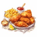 Watercolor Clipart Of Crispy Fried Chicken And Chips Royalty Free Stock Photo