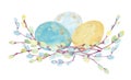 Watercolor clipart with Easter colorful eggs and blossoming pussy willow branches