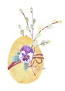 Watercolor clipart with Easter colorful eggs, pansy flowers and blossoming pussy willow branches Royalty Free Stock Photo