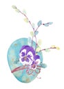 Watercolor clipart with Easter colorful eggs, pansy flowers and blossoming pussy willow branches Royalty Free Stock Photo