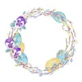 Watercolor clipart with Easter colorful eggs. A wreath of pansy flowers and blooming pussy willow branches. Royalty Free Stock Photo