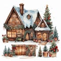 Watercolor Christmas house clipart Royalty Free Stock Photo