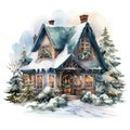 Watercolor Christmas house clipart Royalty Free Stock Photo