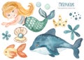 Watercolor clipart with mermaid girl swimming on a dolphin, shell, fish, crown