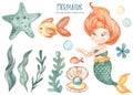 Watercolor clipart with mermaid girl underwater, bubbles, algae, fish Royalty Free Stock Photo