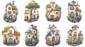 Watercolor clipart set of cute mediterranean houses, cartoon cottages in flowers, facades of old homes with pot of flowers.