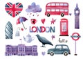 Watercolor clipart set with traditional London symbols
