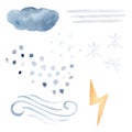 Watercolor clipart set with weather element. Cloud, raindrops, snowflakes, lighting bolt illustrations. Royalty Free Stock Photo