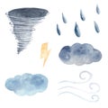 Watercolor clipart set with weather elements. Tornato, cloud, wind, lighting bolt, raindrops painting. Royalty Free Stock Photo