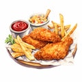 Hyper-realistic Watercolor Clipart Of Crispy Fried Chicken And Chips Royalty Free Stock Photo