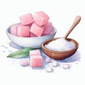 watercolor clipart of square candy with sugar on bowl on white background generative AI