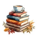 watercolor clipart stack of books and cup of coffee and autumn leaves on white background