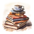 watercolor clipart stack of books and cup of coffee on white background Royalty Free Stock Photo