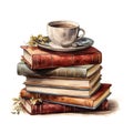 watercolor clipart stack of books and cup of coffee on white background Royalty Free Stock Photo