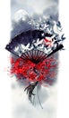 Watercolor cliparts. Print. Chinese fans with background. Various design, art, painting