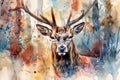 Watercolor close up of a majestic stag in a forest