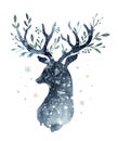 Watercolor closeup portrait of cute deer. Isolated on white background. Hand drawn christmas illustration. Greeting card