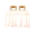 Watercolor clothed table with wood chairs. Hand drawn simple wedding table for newlyweds with elegant pink draped