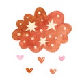 Watercolor cloud with stars and hearts in neutral pastel color on white. Childish illustration in boho style